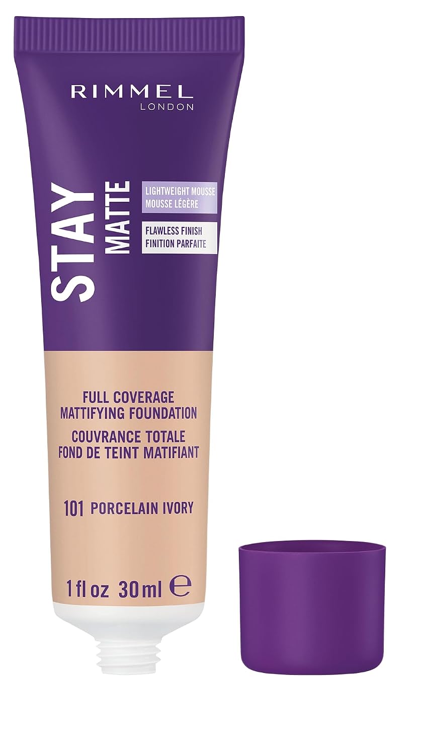 Rimmel London Stay Matte Mousse Líquida - 101 Marfil Perla - Base, ligera, control del brillo, sin aceite, 1 oz