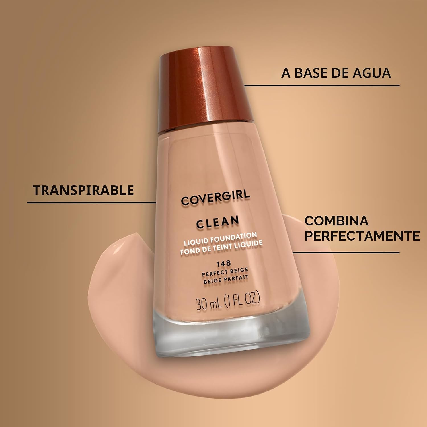 Base líquida COVERGIRL Clean, Beige Perfecto 148, Paquete de 1