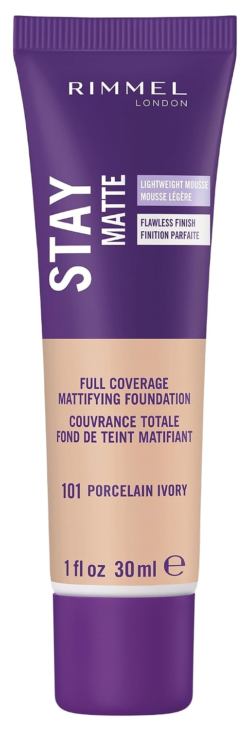 Rimmel London Stay Matte Mousse Líquida - 101 Marfil Perla - Base, ligera, control del brillo, sin aceite, 1 oz