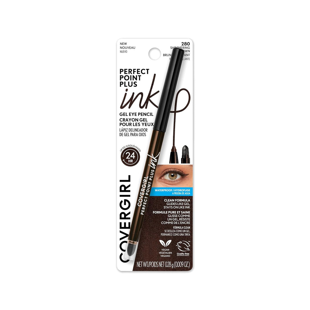 COVERGIRL Perfect Point Plus - Lápiz de ojos de gel de tinta, pigmentado, de larga duración, fórmula vegana, marrón brillante 280, 0.01 onzas