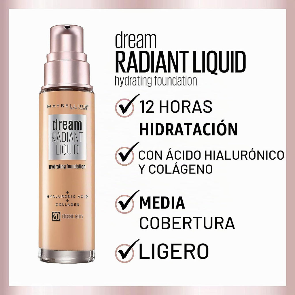Maybelline Dream Radiant Liquid - Maquillaje hidratante de cobertura media, base líquida ligera, beige nude, 1 unidad