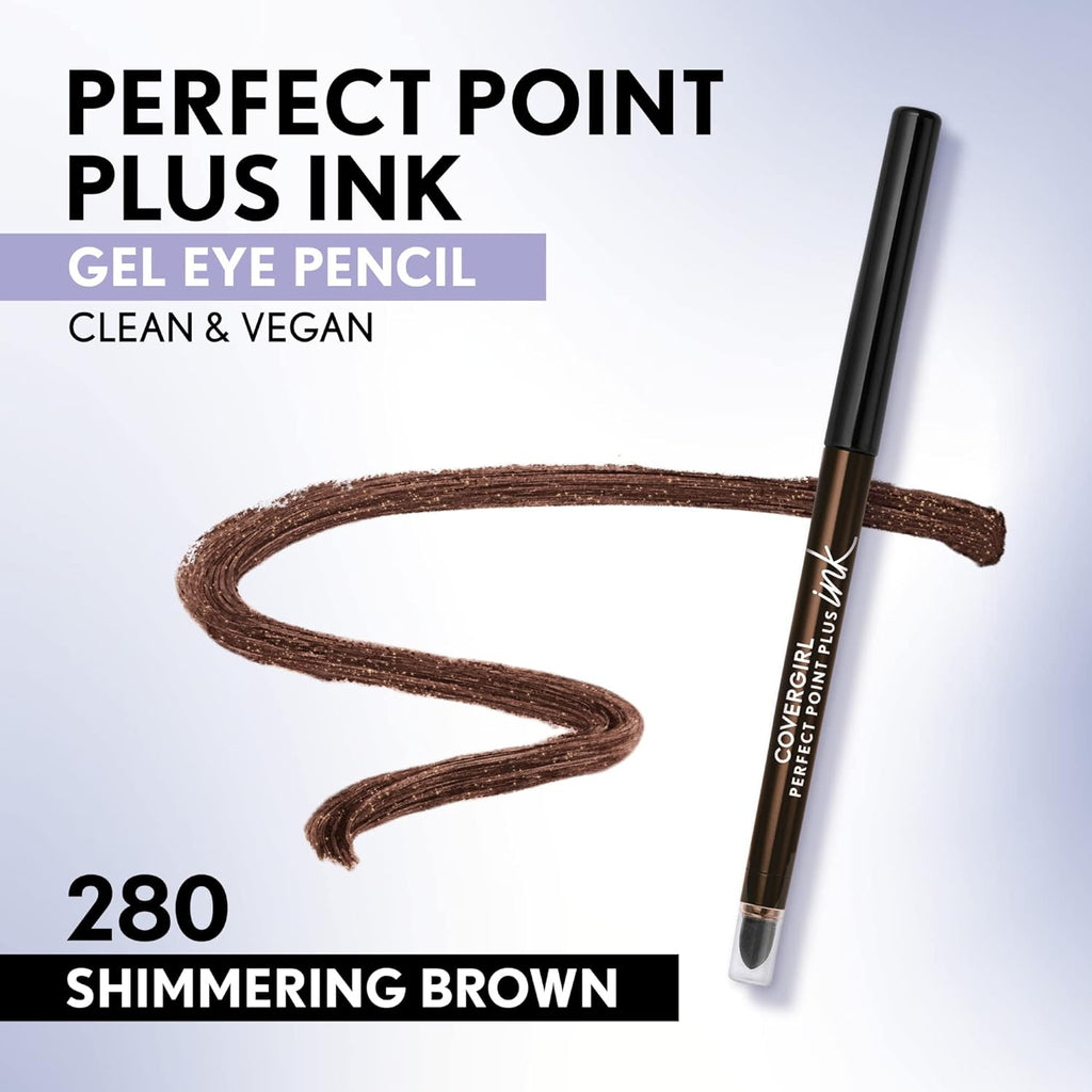 COVERGIRL Perfect Point Plus - Lápiz de ojos de gel de tinta, pigmentado, de larga duración, fórmula vegana, marrón brillante 280, 0.01 onzas