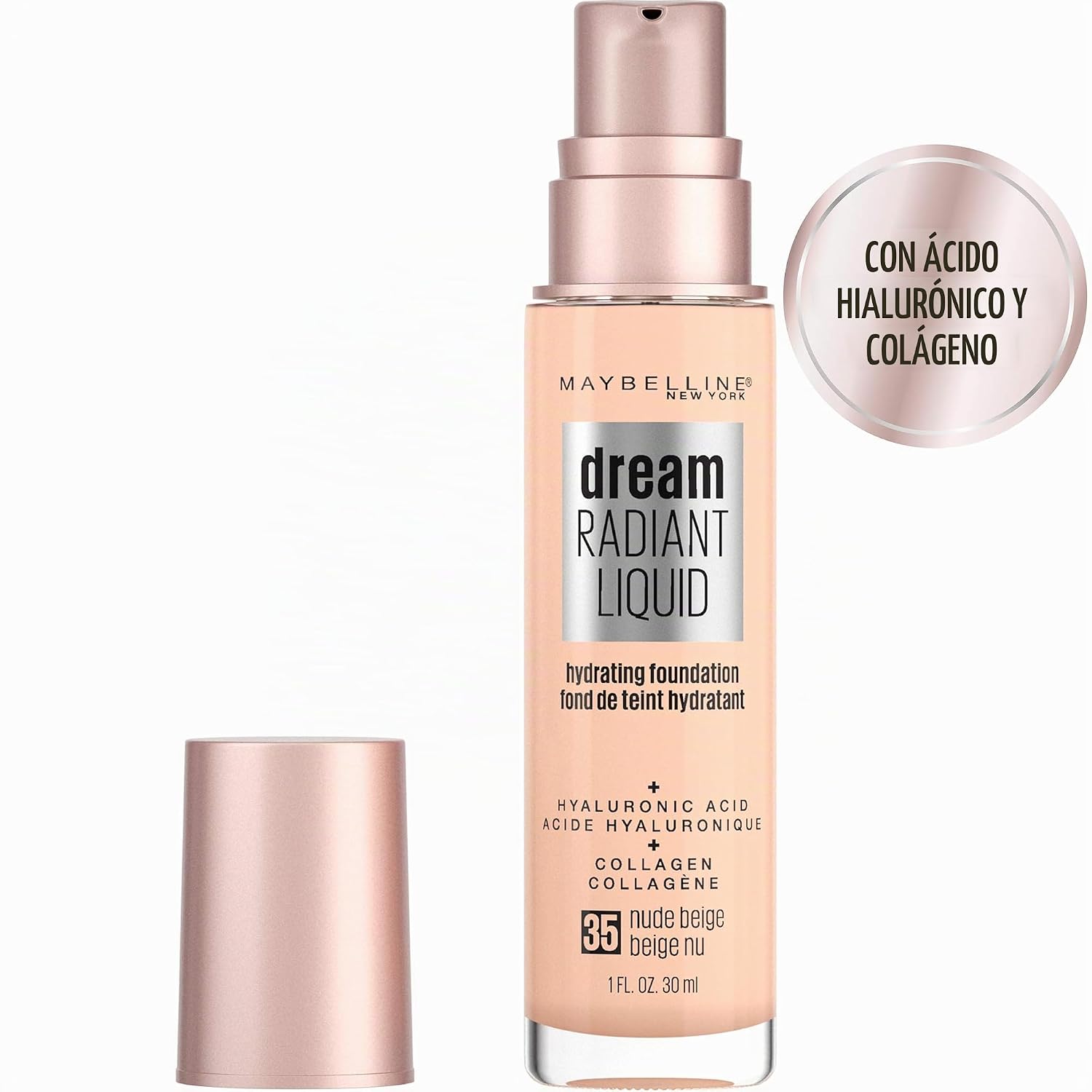 Maybelline Dream Radiant Liquid - Maquillaje hidratante de cobertura media, base líquida ligera, beige nude, 1 unidad
