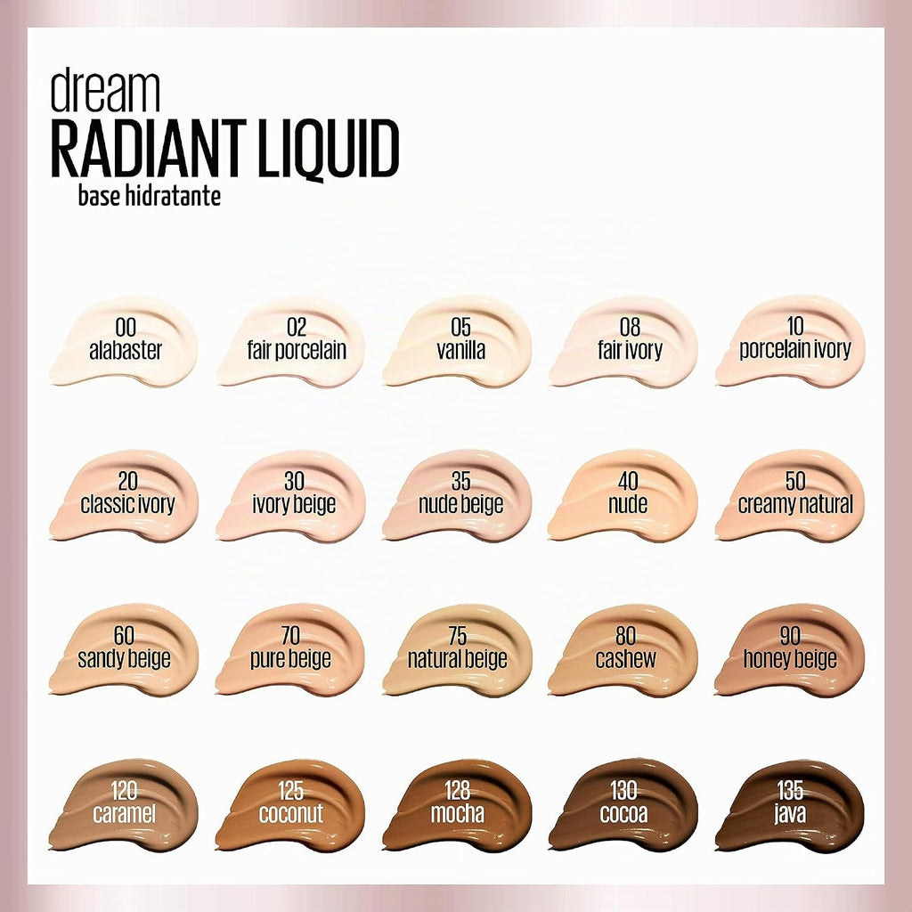 Maybelline Dream Radiant Liquid - Maquillaje hidratante de cobertura media, base líquida ligera, beige nude, 1 unidad