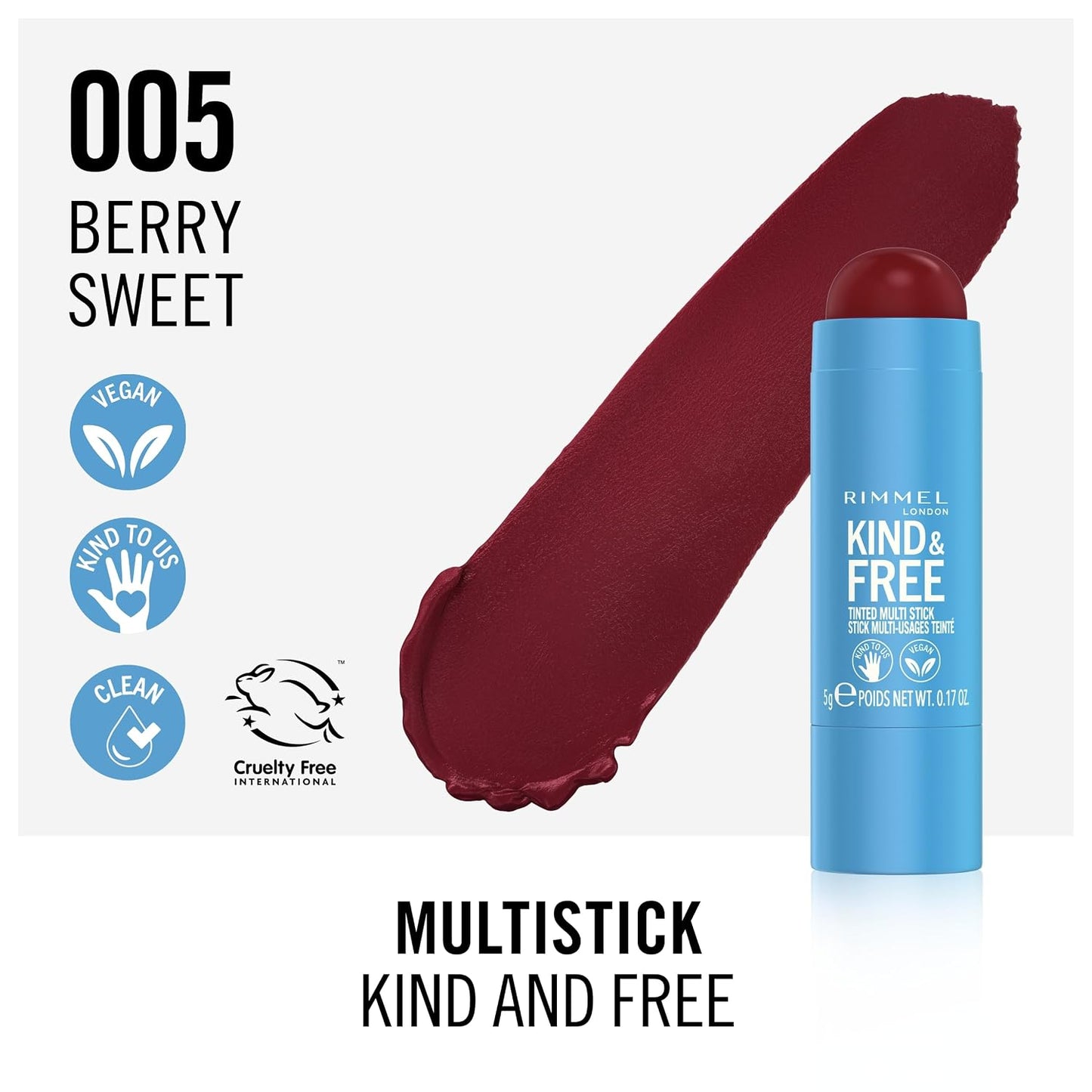 Rimmel London Kind & Free, 005 Berry Sweet, Multi-Stick, para mejillas y labios, hidratante, color construible, fórmula vegana, fórmula limpia, 0.18 onzas