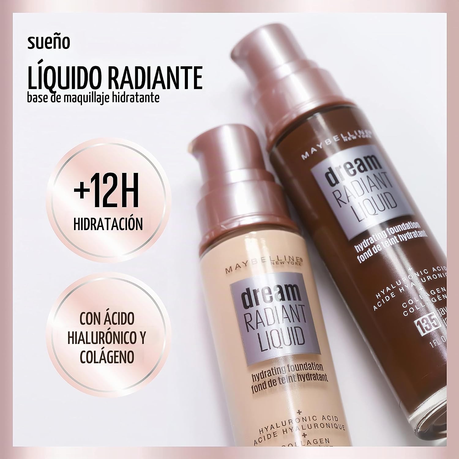 Maybelline Dream Radiant Liquid - Maquillaje hidratante de cobertura media, base líquida ligera, beige nude, 1 unidad