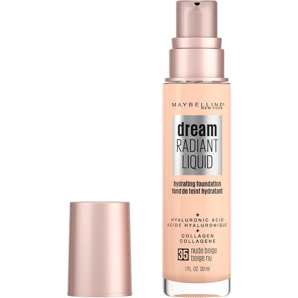 Maybelline Dream Radiant Liquid - Maquillaje hidratante de cobertura media, base líquida ligera, beige nude, 1 unidad