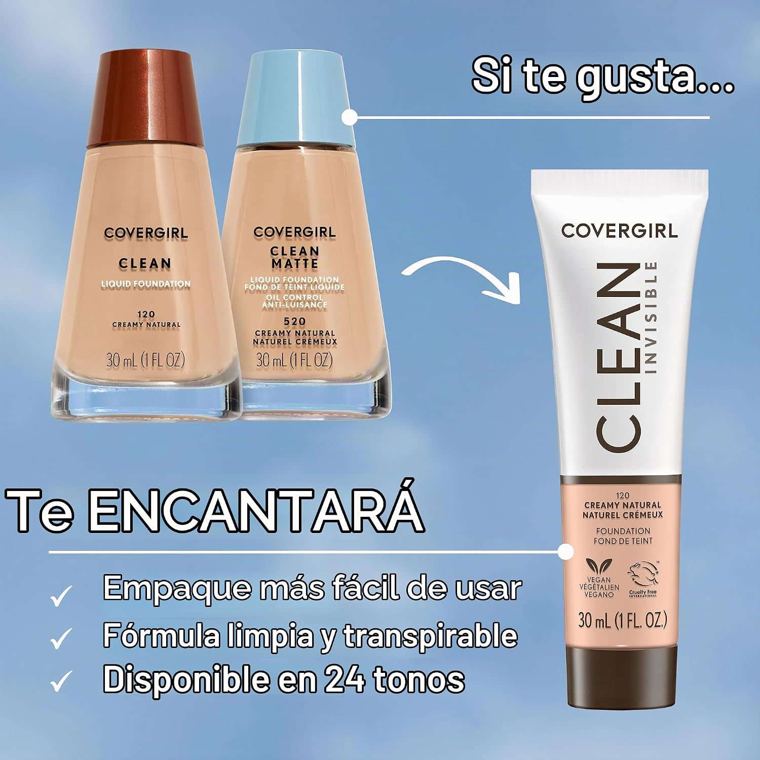 CoverGirl Maquillaje líquido Clean Oil Control, color beige cremoso 550, botella de 1.0 onzas