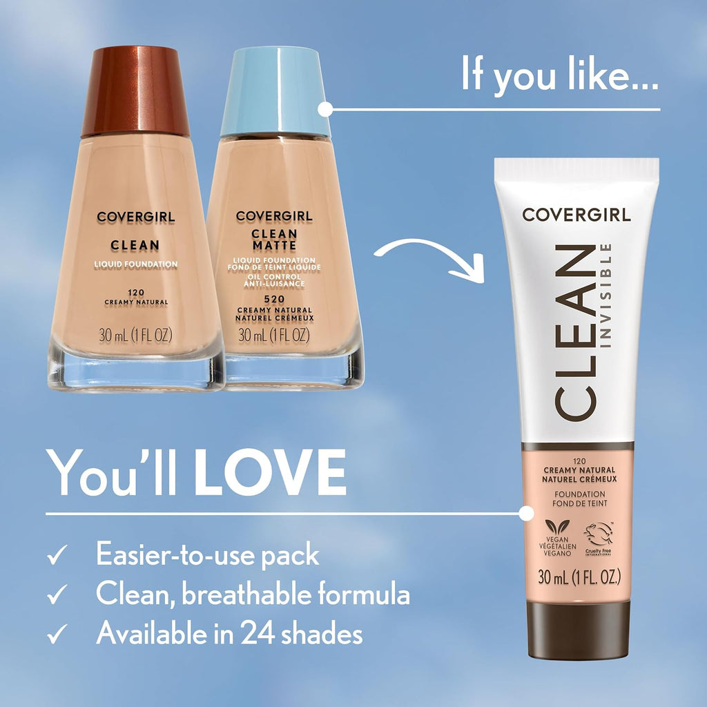 Base líquida COVERGIRL Clean, Beige Perfecto 148, Paquete de 1